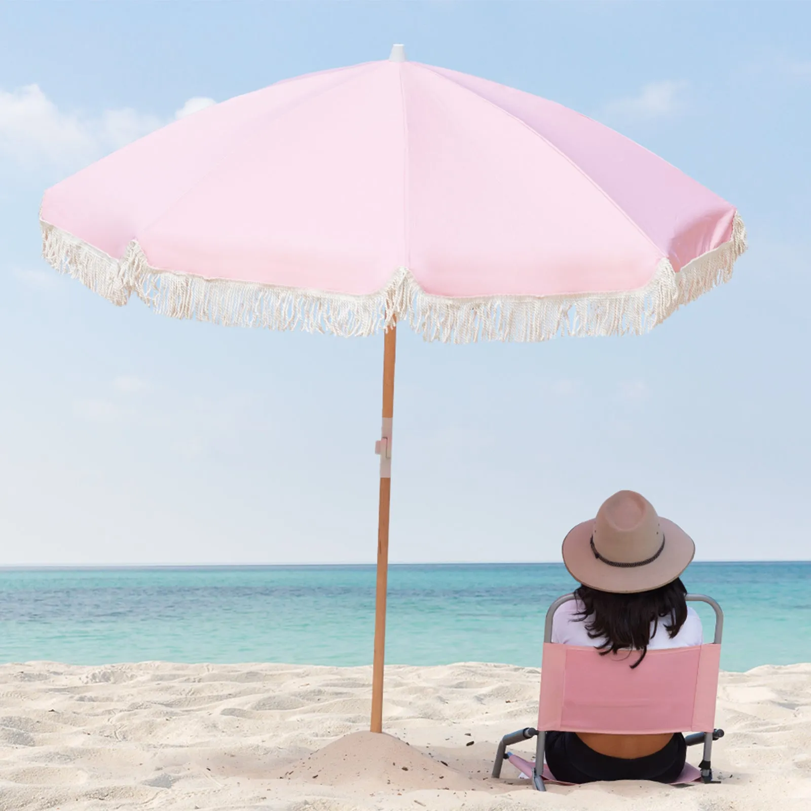 2m UPF 50  Beach Umbrella with Cotton Fringe & Carry Bag - Havana Outdoors