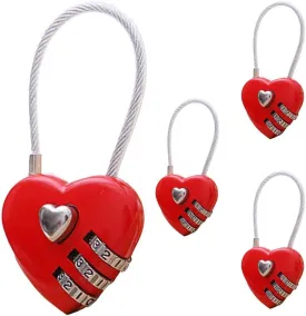 4Pcs Red Mini Love Heart Lock Heart Padlock, Mini Code Lock, Wire Rope 3-Digit Code Combination Padlock for Travel Bags/Suitcase/Lockers/Backpacks/Jewelry Boxes Combination Locks