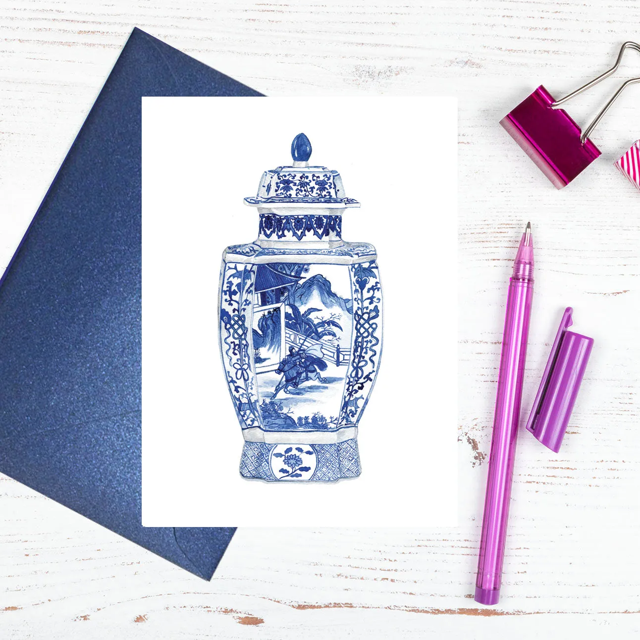 A blue and white SooChow ming jar card