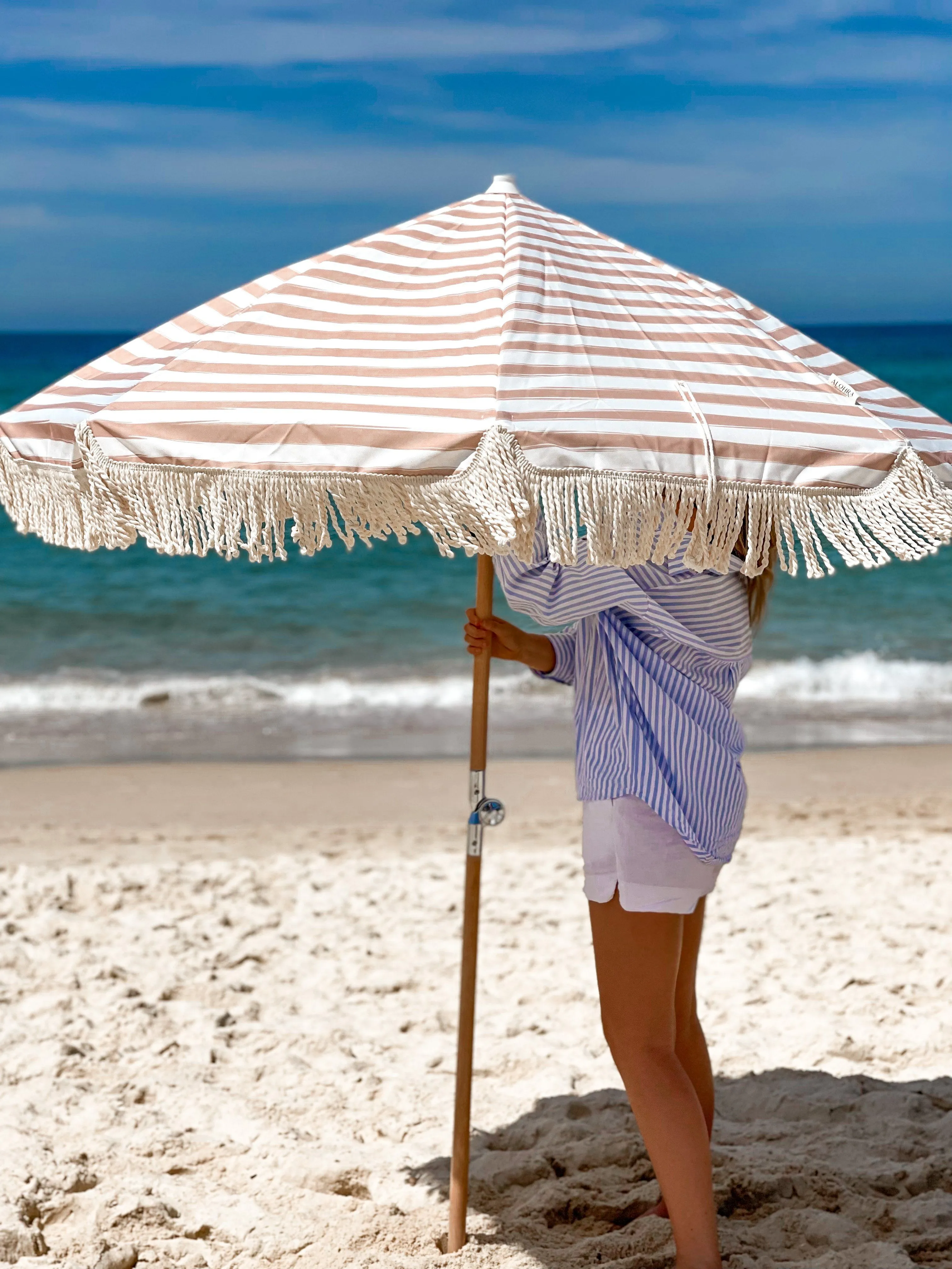 Alohra Deluxe Beach Umbrella Stripe City Beige
