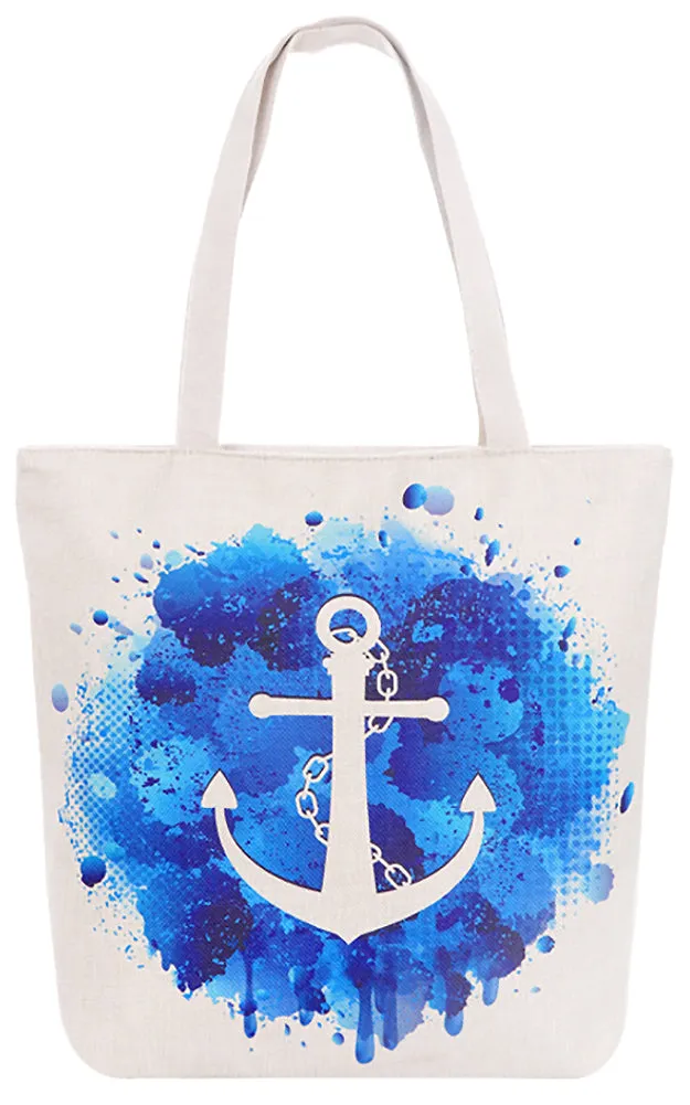 AO822 Blue Anchor Print Tote Canvas Bag