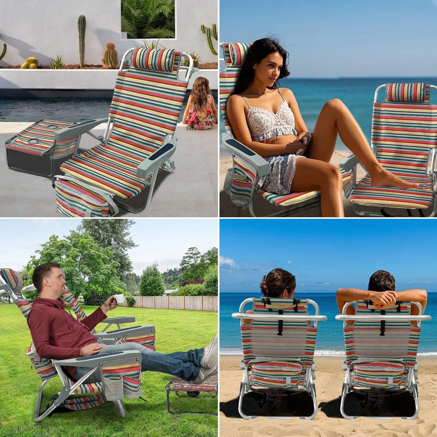 Backpack Beach Chair Aluminum with Folding Camping Table 5-Position Lay Flat Lounge Chair Outdoor for Adults with Insulated Cooler Bag and Cup Holder