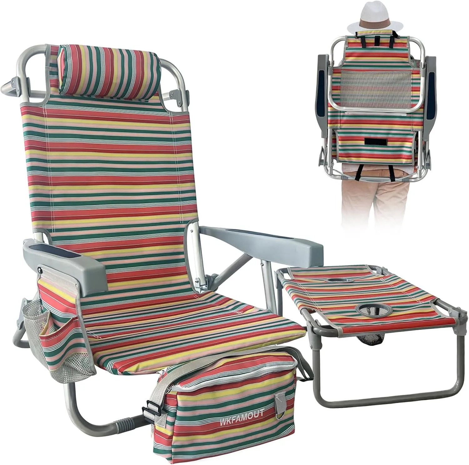 Backpack Beach Chair Aluminum with Folding Camping Table 5-Position Lay Flat Lounge Chair Outdoor for Adults with Insulated Cooler Bag and Cup Holder
