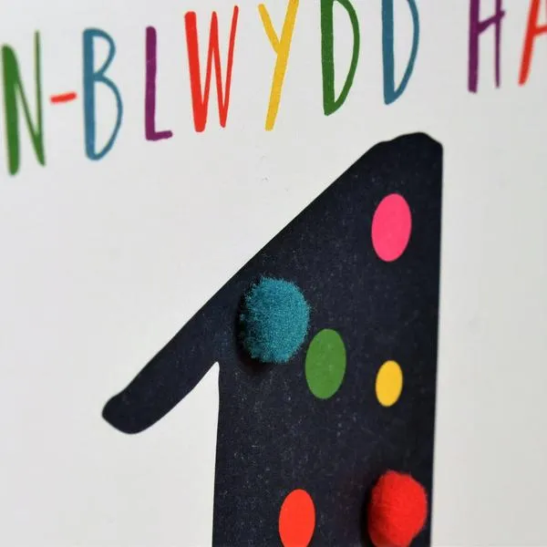 Birthday card 'Pen-blwydd Hapus 1 Hip Hip Hwre' Pompoms - Blue