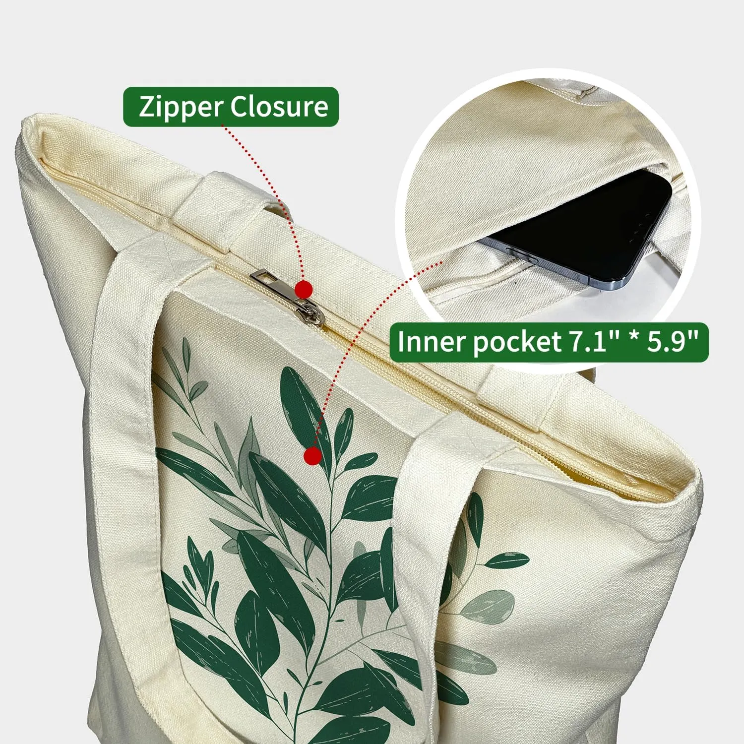 Canvas Tote Bag for Women, Tote Bag with Zipper Inner Pocket, Zippered Canvas Bag for Shopping Work Grocery Everyday