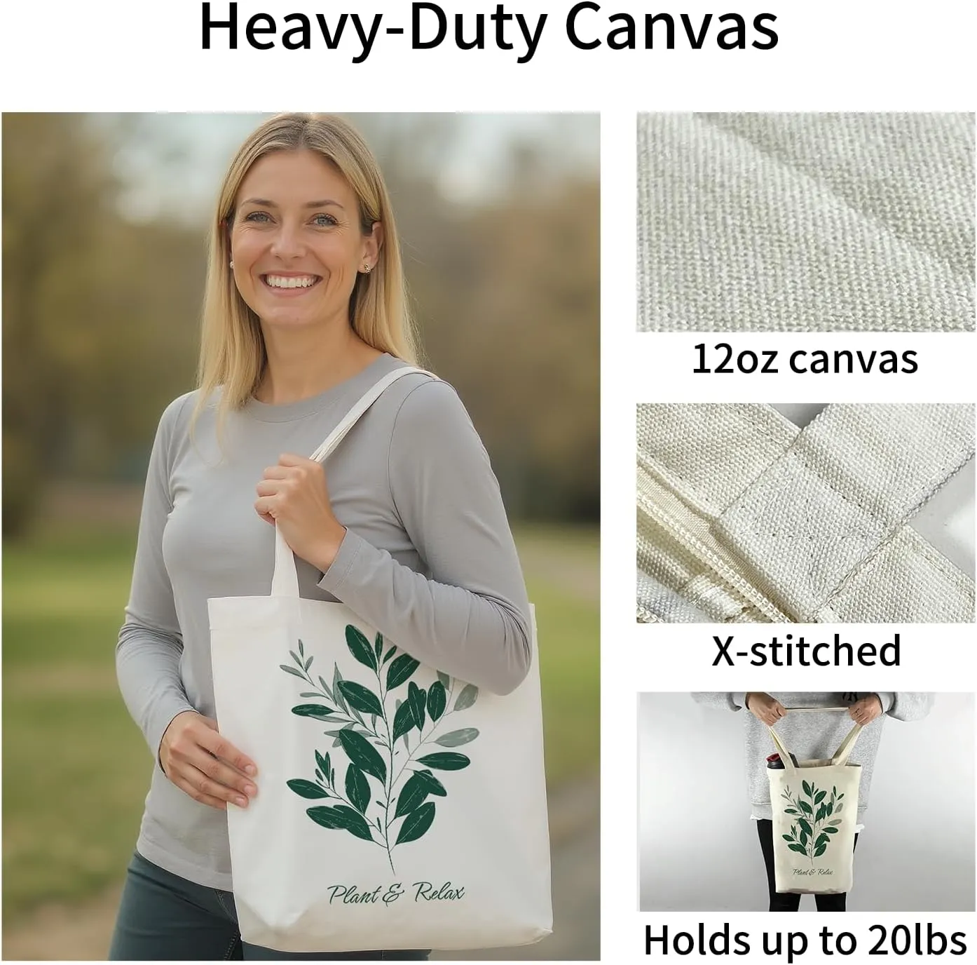 Canvas Tote Bag for Women, Tote Bag with Zipper Inner Pocket, Zippered Canvas Bag for Shopping Work Grocery Everyday