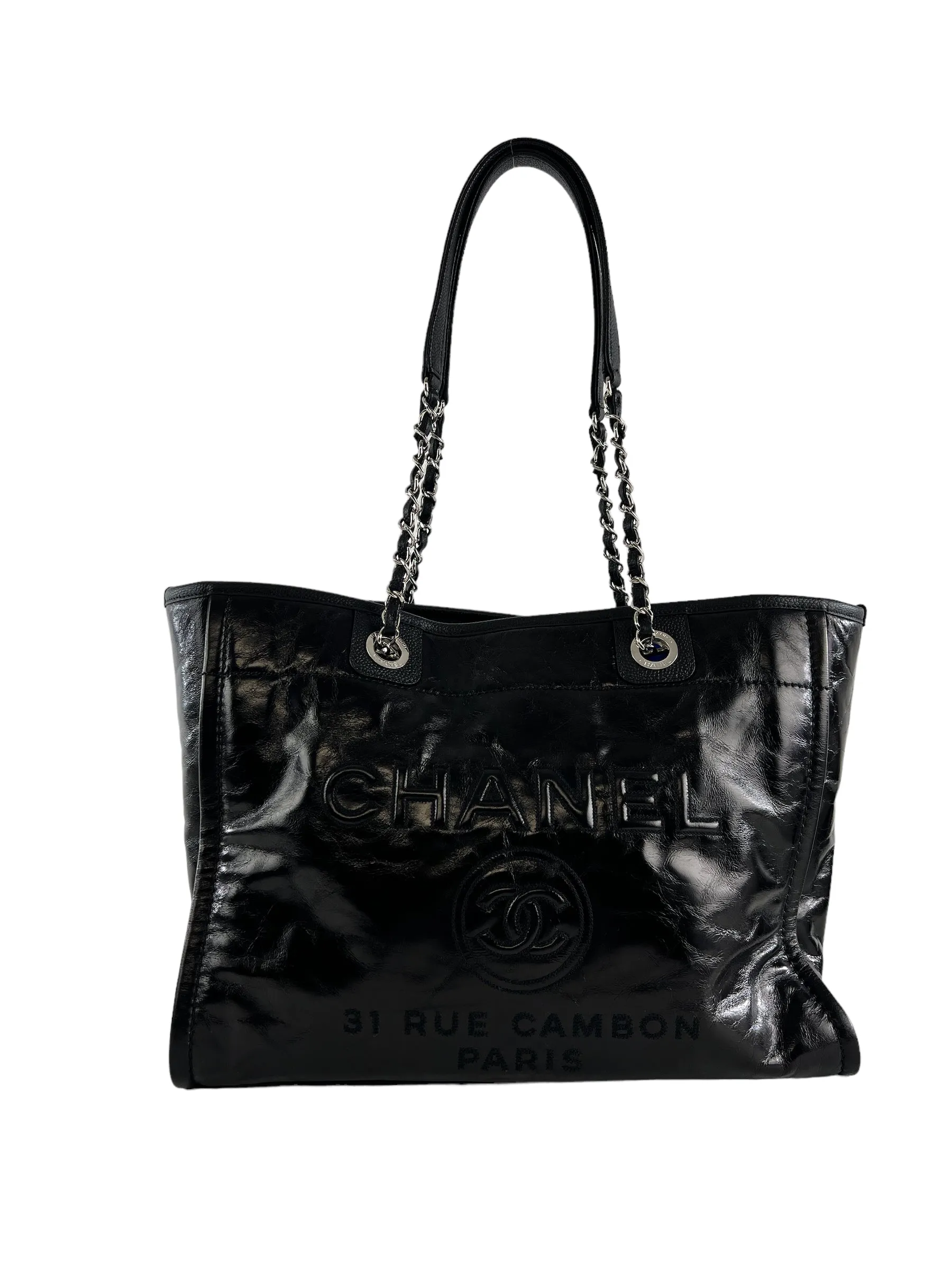 Chanel Black Coated Leather Deauville Shopping Tote