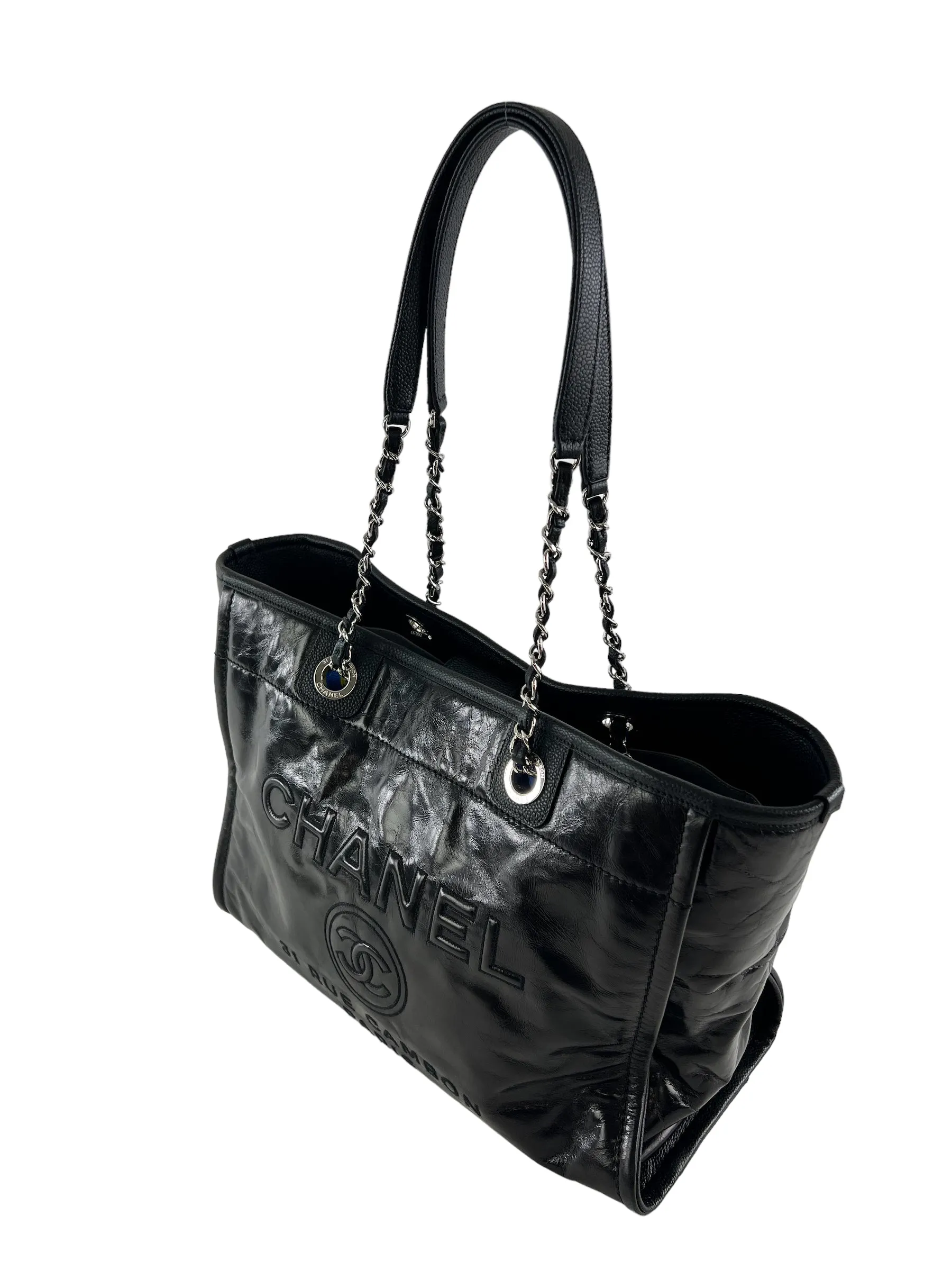 Chanel Black Coated Leather Deauville Shopping Tote
