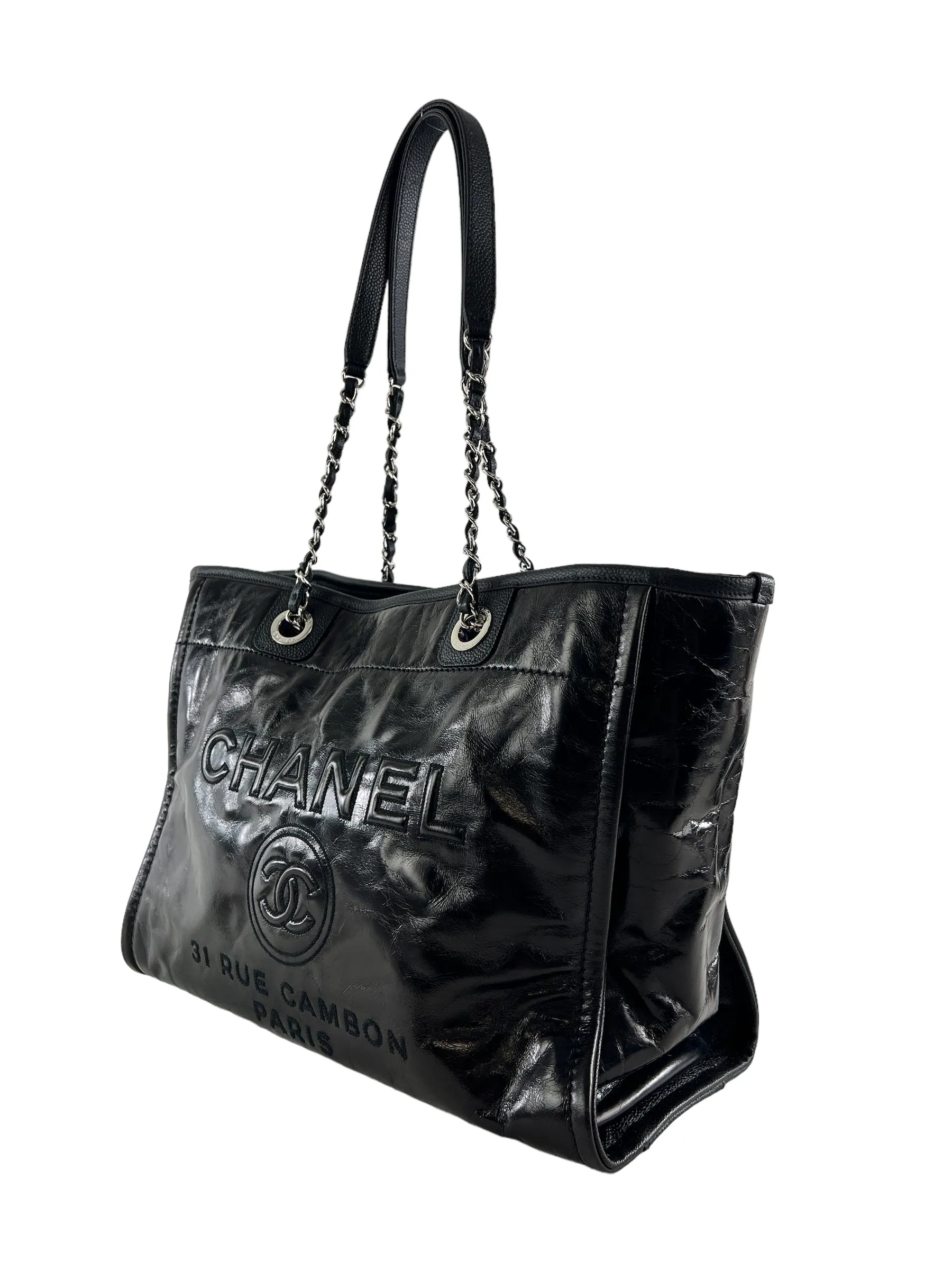 Chanel Black Coated Leather Deauville Shopping Tote