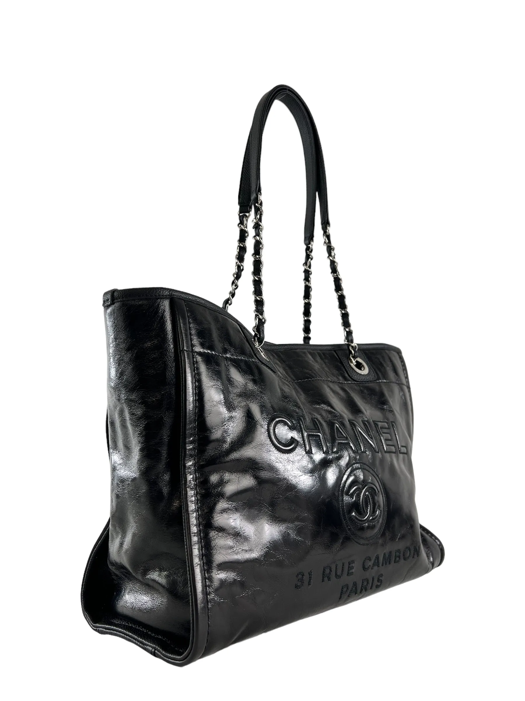Chanel Black Coated Leather Deauville Shopping Tote