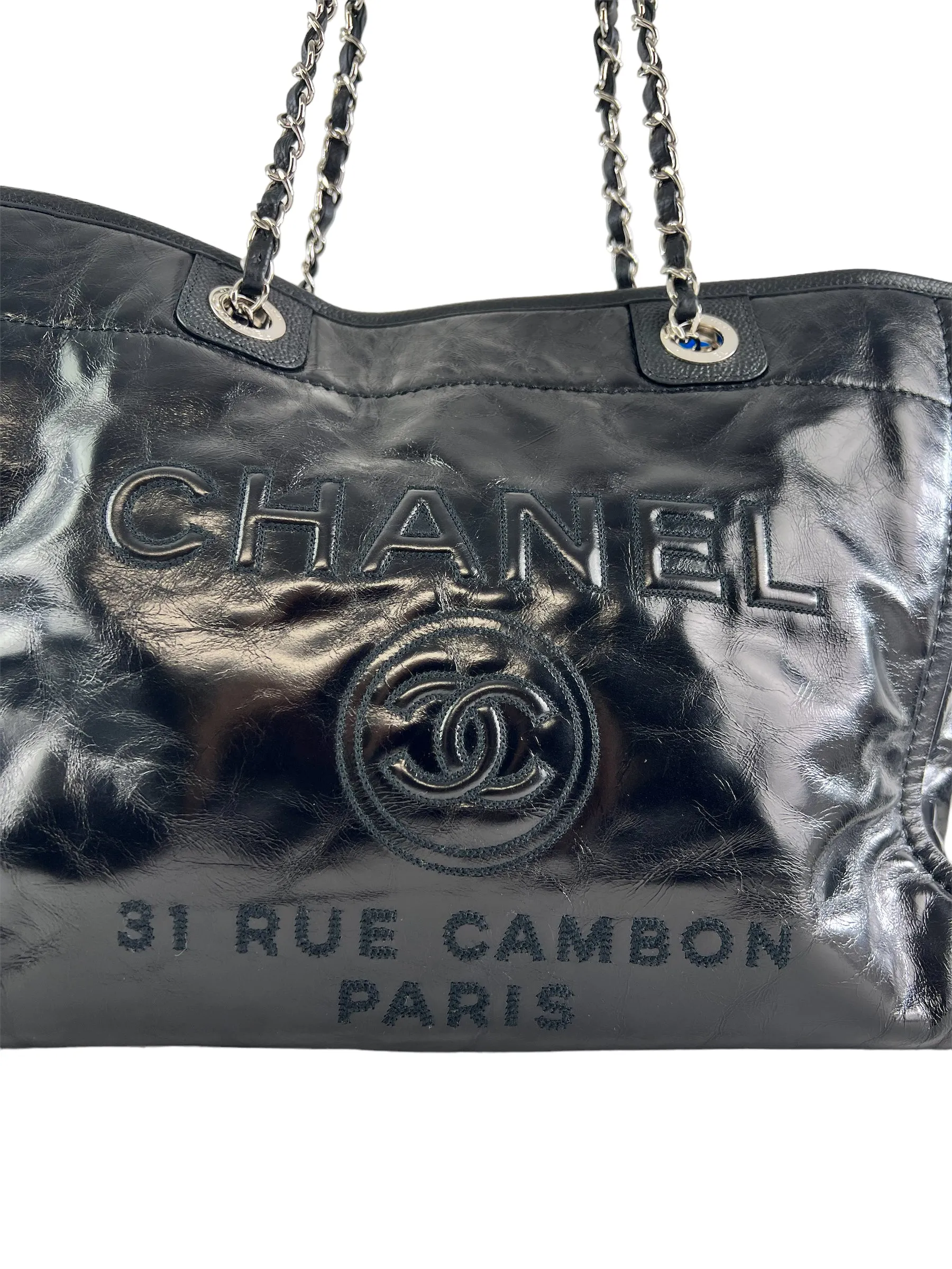 Chanel Black Coated Leather Deauville Shopping Tote