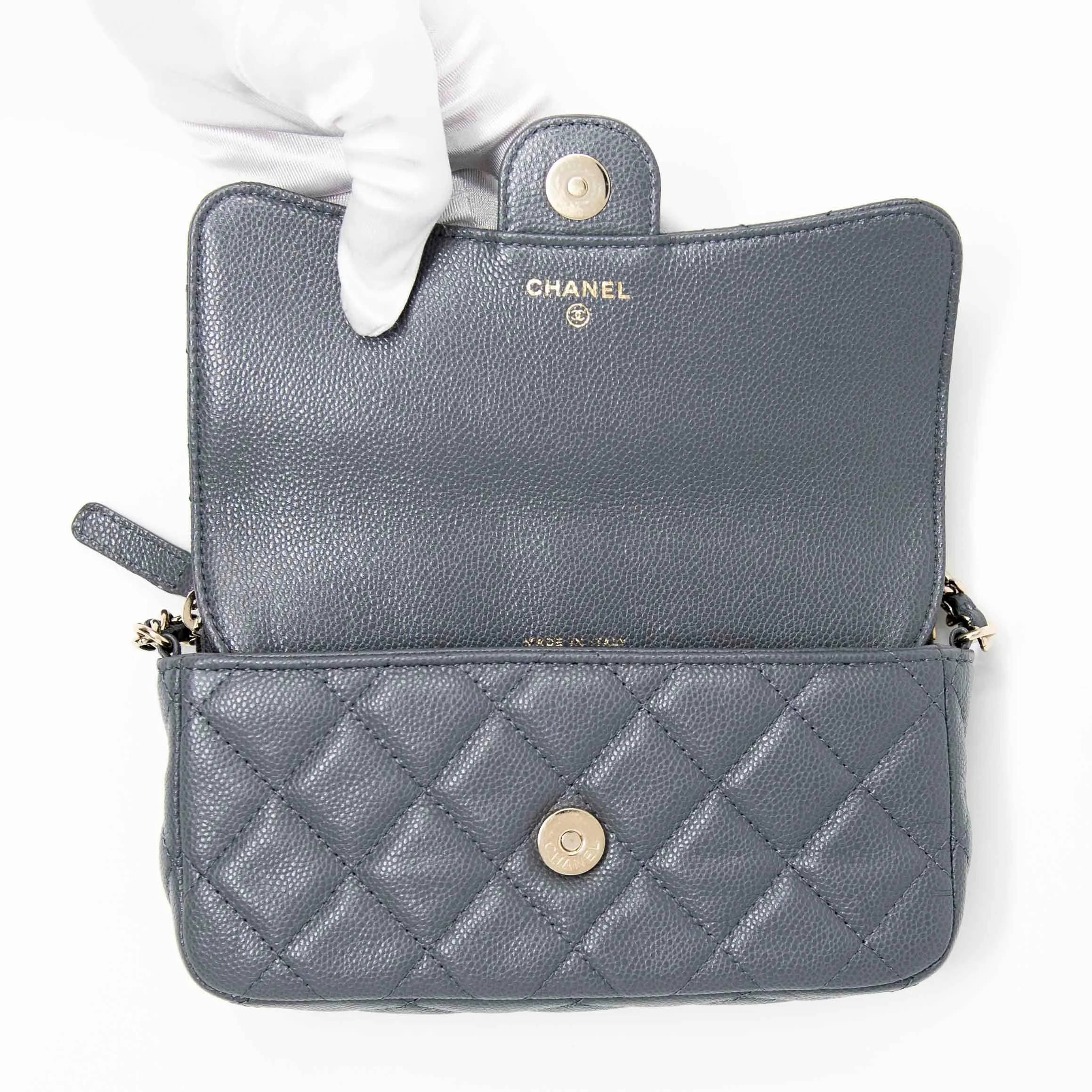 Chanel Grey Flap Phone Holder with Chain