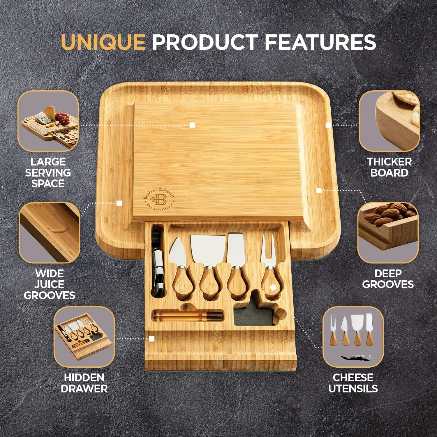 Cheese Board and Knife Set - Premium Bamboo Wood Charcuterie Board Set