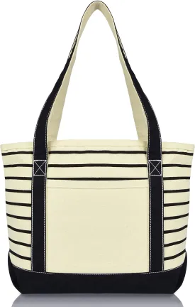 DALIX Small Stripe Tote Deluxe Shoulder Bag Cotton Canvas in Black