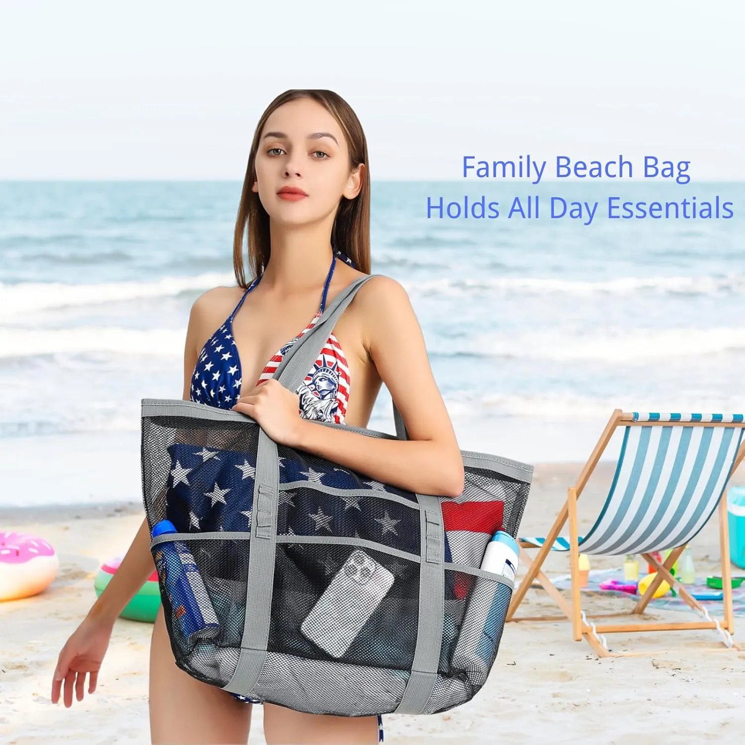 F-color Mesh Beach Bag Family - Large Tote Bag for Cruise Pool Toys Beach Vacation Essentials