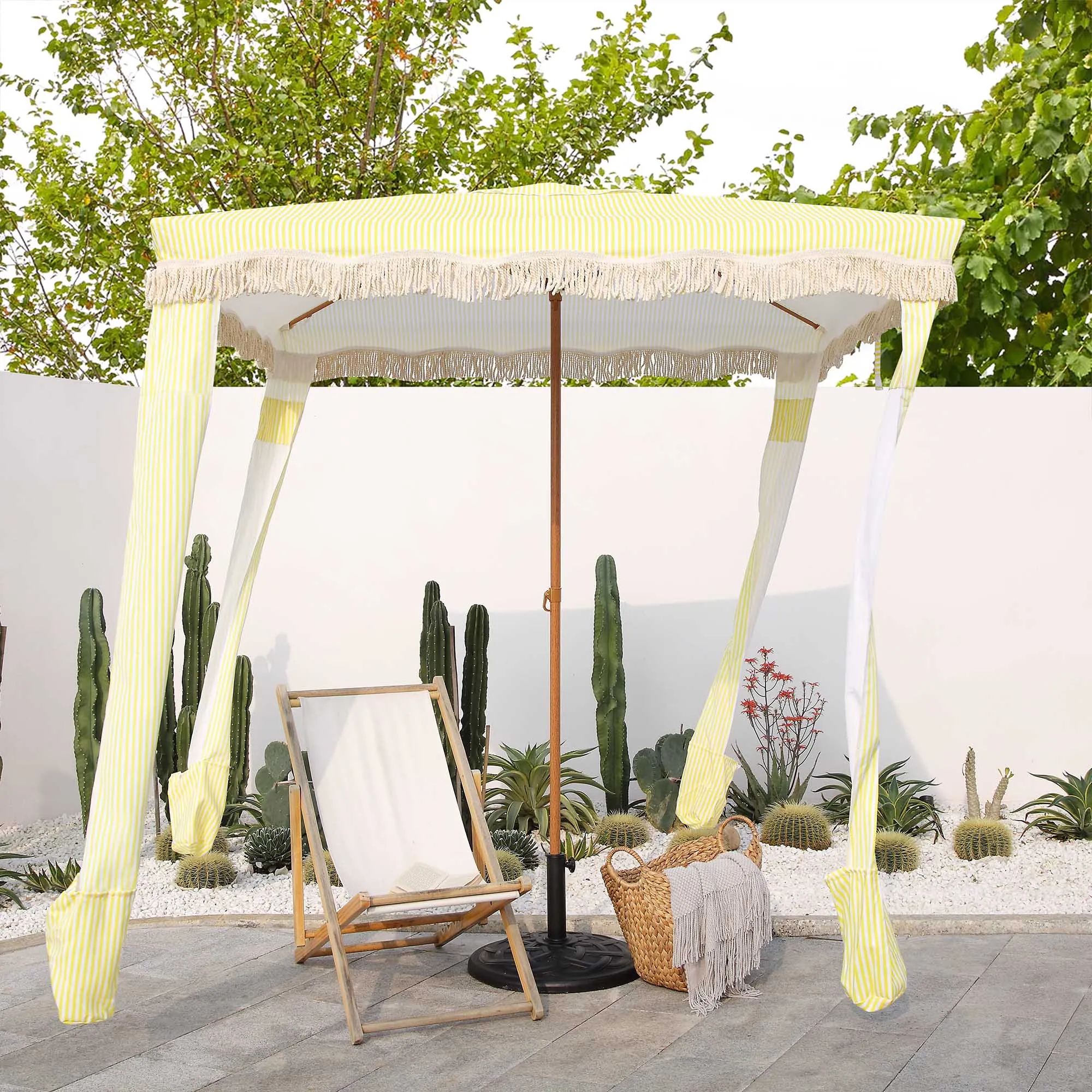 Gabriel Yellow and White Striped Fringed Cabana