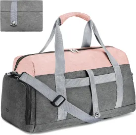 Gym Bags for Women Men with Wet & Shoe Compartment, 40L Foldable Travel Duffle Bag, Lightweight Weekender Overnight Duffel Bag for Traveling Sports Gym(Pink)