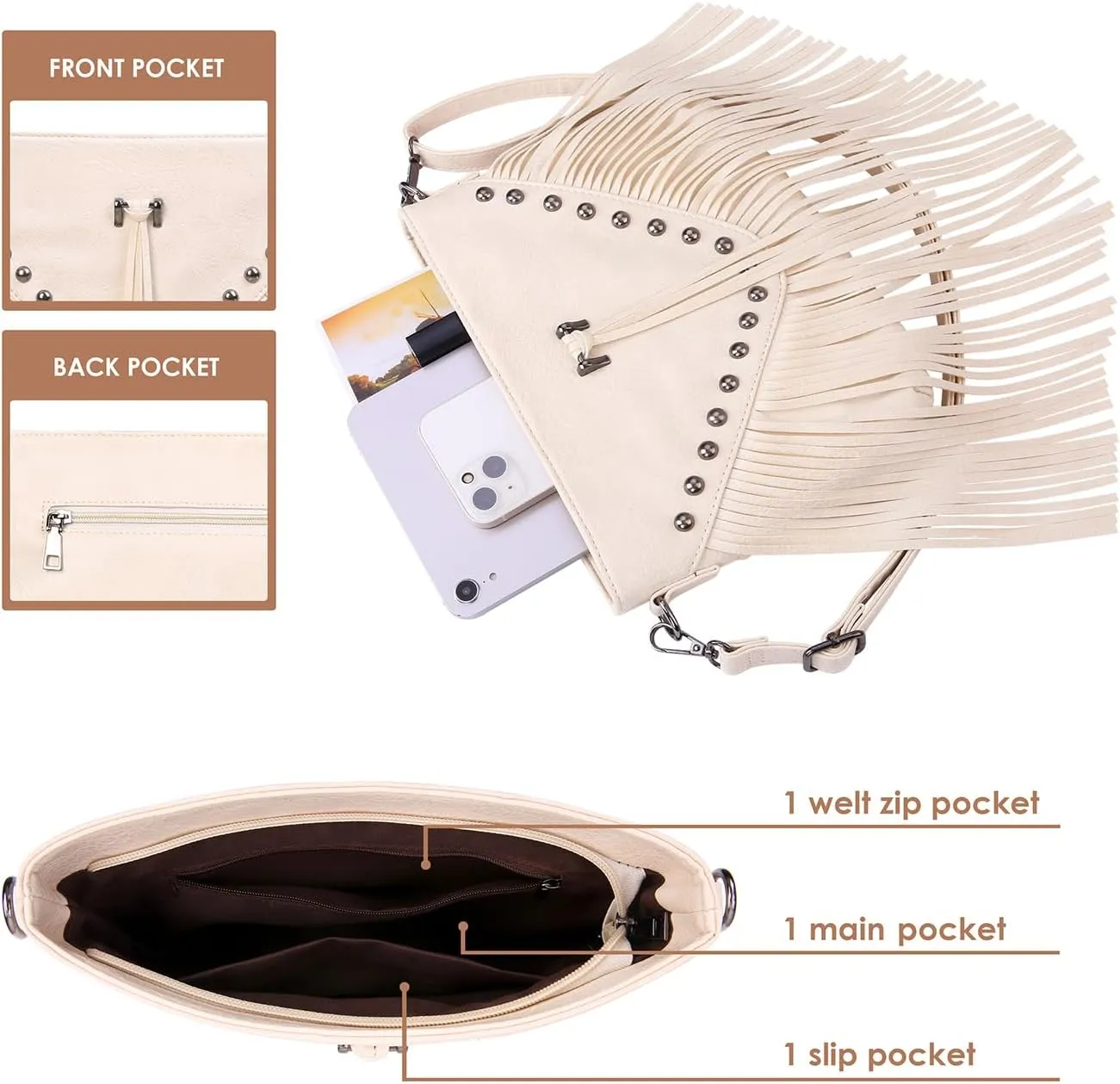 HDE Women's PU Leather Hobo Fringe Crossbody Tassel Purse Vintage Small Handbag