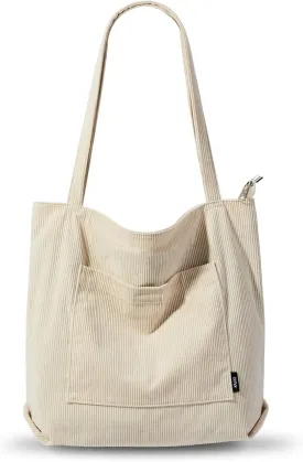 KALIDI Women Corduroy Tote Bag Large Shoulder Tote Bag with Zipper Pocket Casual Hobo Handbag Big Capacity Shopping Work Bag
