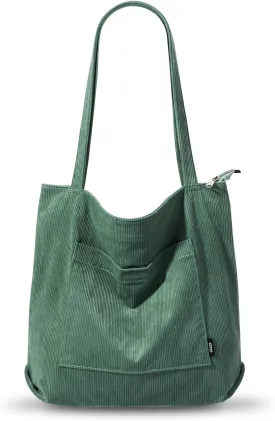 KALIDI Women Corduroy Tote Bag Large Shoulder Tote Bag with Zipper Pocket Casual Hobo Handbag Big Capacity Shopping Work Bag