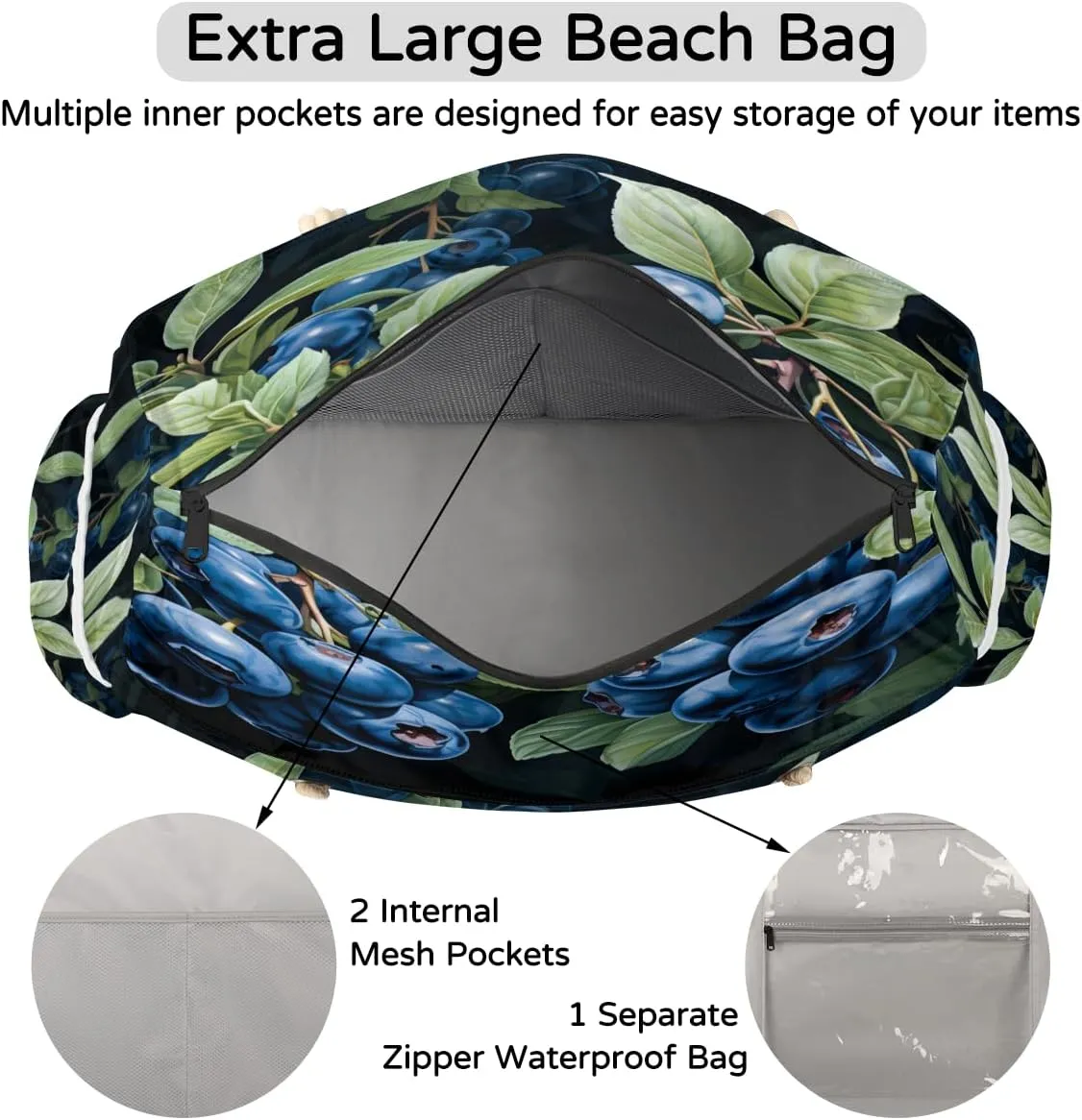 Large Tote Beach Bags for Women with Zipper Waterproof Sandproof Swim Pool Grocery Gym Travel Bag