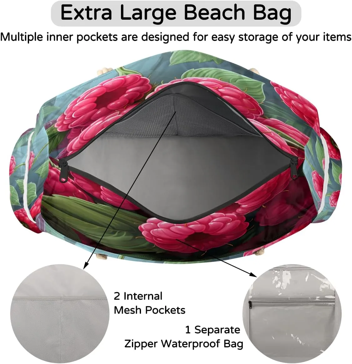 Large Tote Beach Bags for Women with Zipper Waterproof Sandproof Swim Pool Grocery Gym Travel Bag