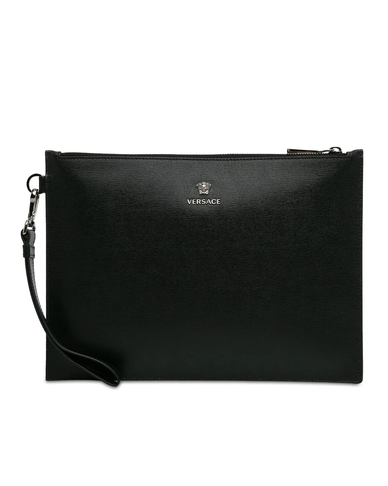 Leather Clutch with Wrist Strap and Top Zip Closure