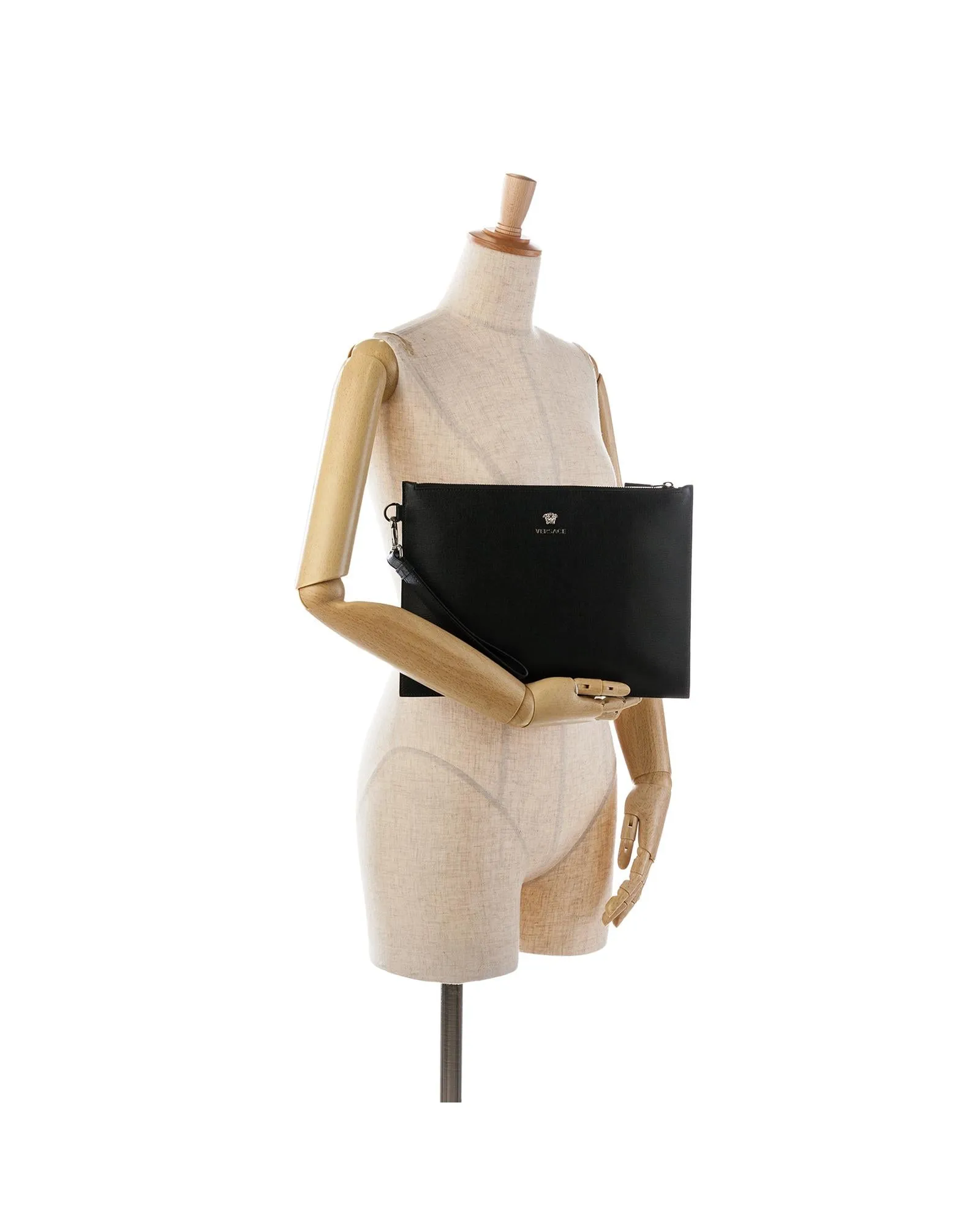 Leather Clutch with Wrist Strap and Top Zip Closure