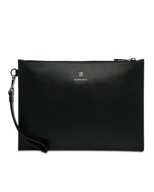 Leather Clutch with Wrist Strap and Top Zip Closure
