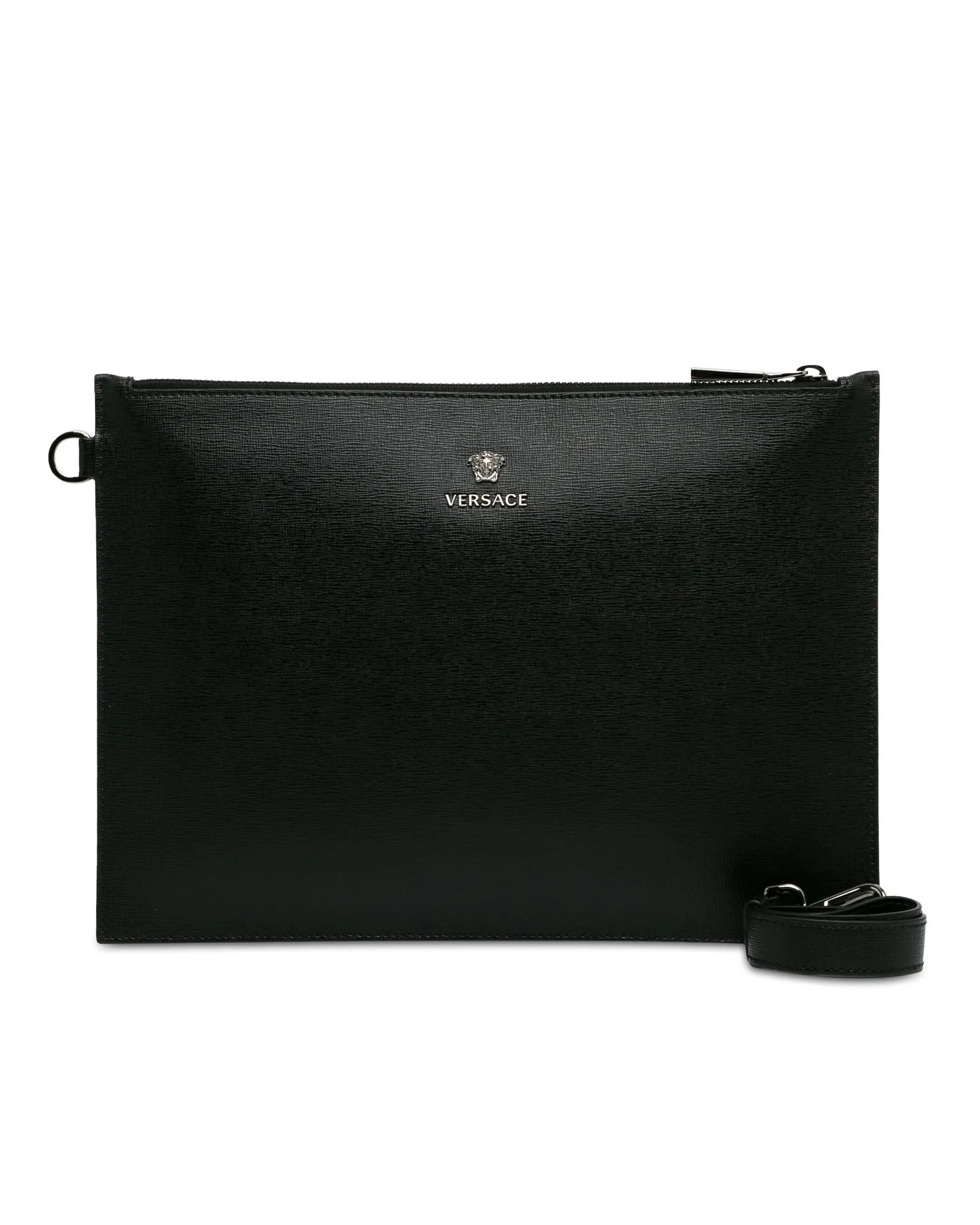 Leather Clutch with Wrist Strap and Top Zip Closure