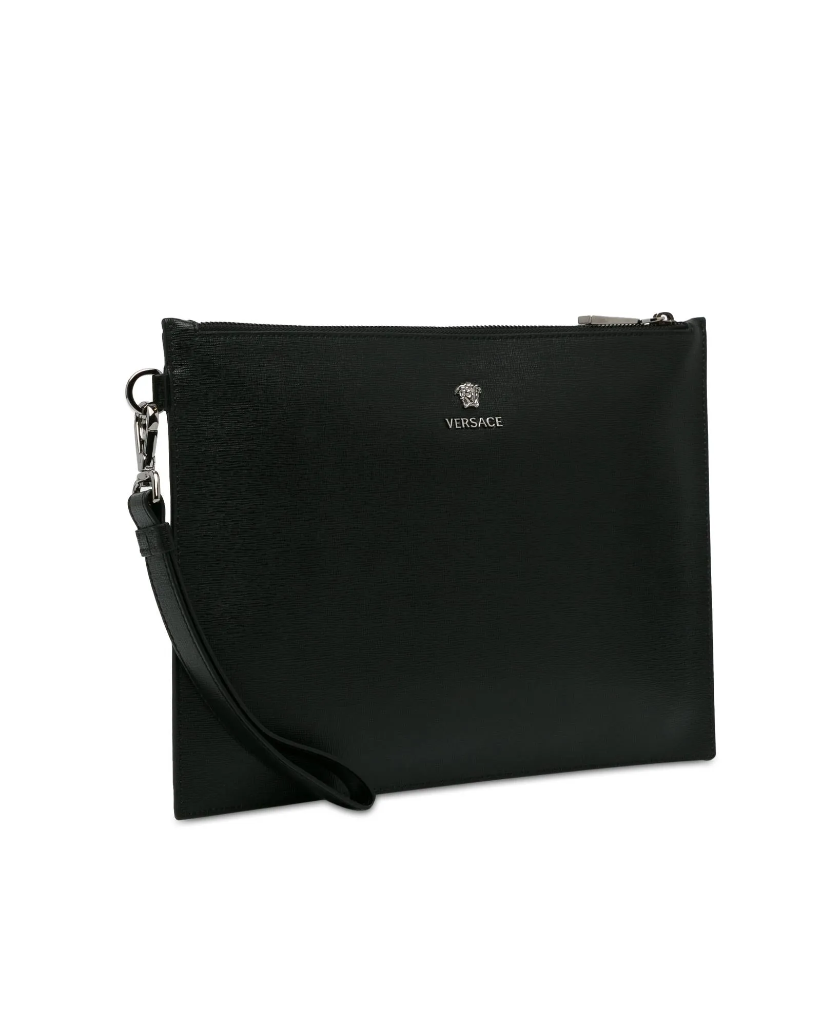 Leather Clutch with Wrist Strap and Top Zip Closure
