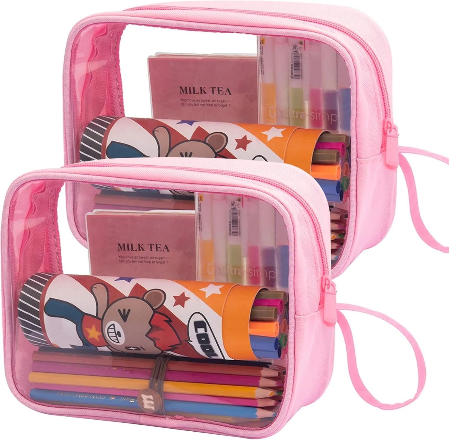 Lermende 2 Pack Pencil Case For Marker Pen Pencil Stationary Bag for Office Colleage Adult Teen Student, Clear Zipper Pencil Pouch Transparent Pen Pouch Travel Toiletry bag Cosmetic For Women Men Gift