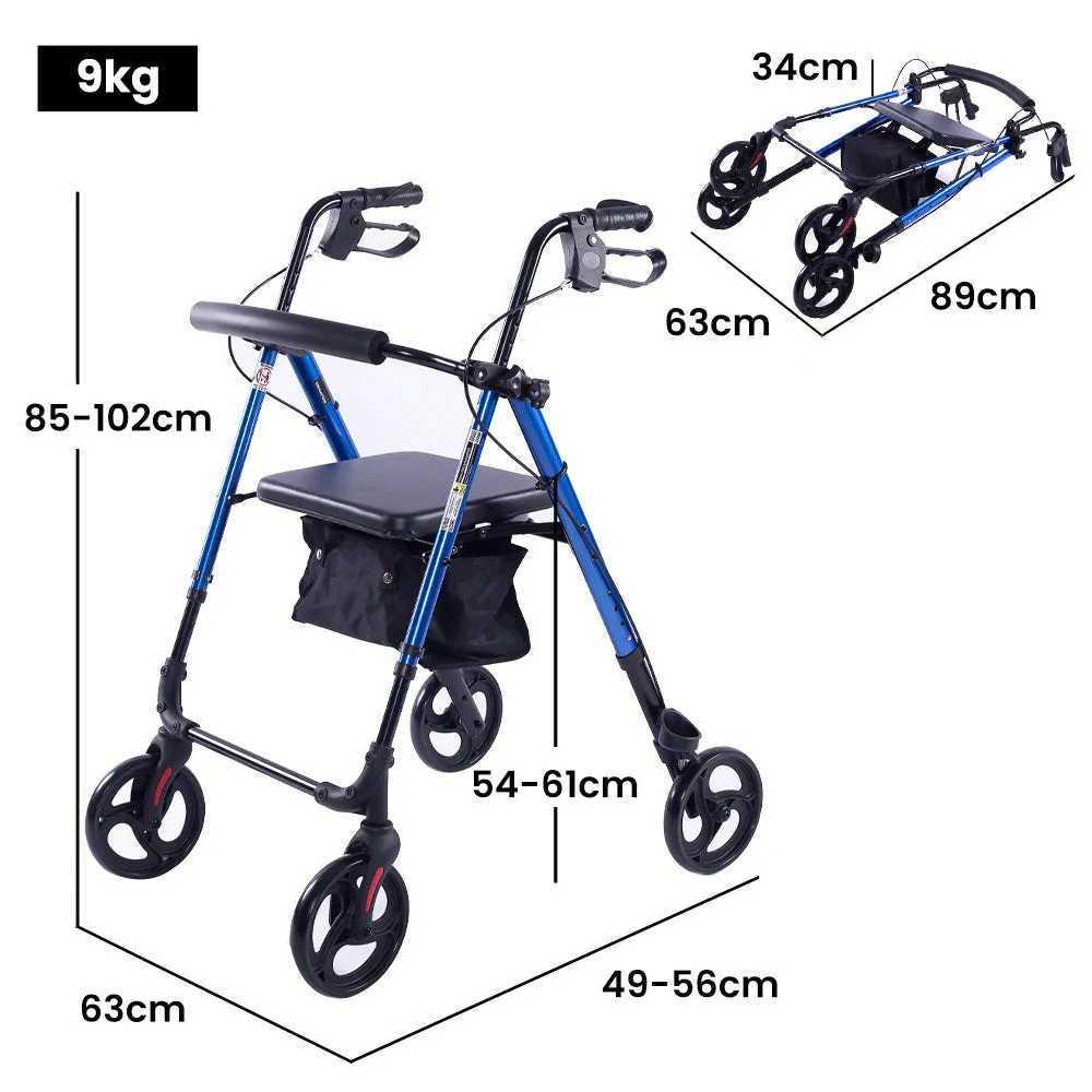 Lightweight Aluminium Rollator Walker w/ Seat, 4 Wheels - Equipmed