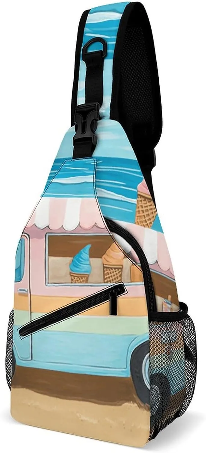 Lightweight Chest Bag Crossbody Bag Summer Beach Ice Cream Truck Sling Backpack for Women Men Sports Travel