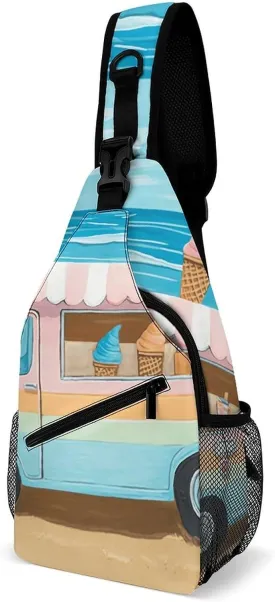 Lightweight Chest Bag Crossbody Bag Summer Beach Ice Cream Truck Sling Backpack for Women Men Sports Travel