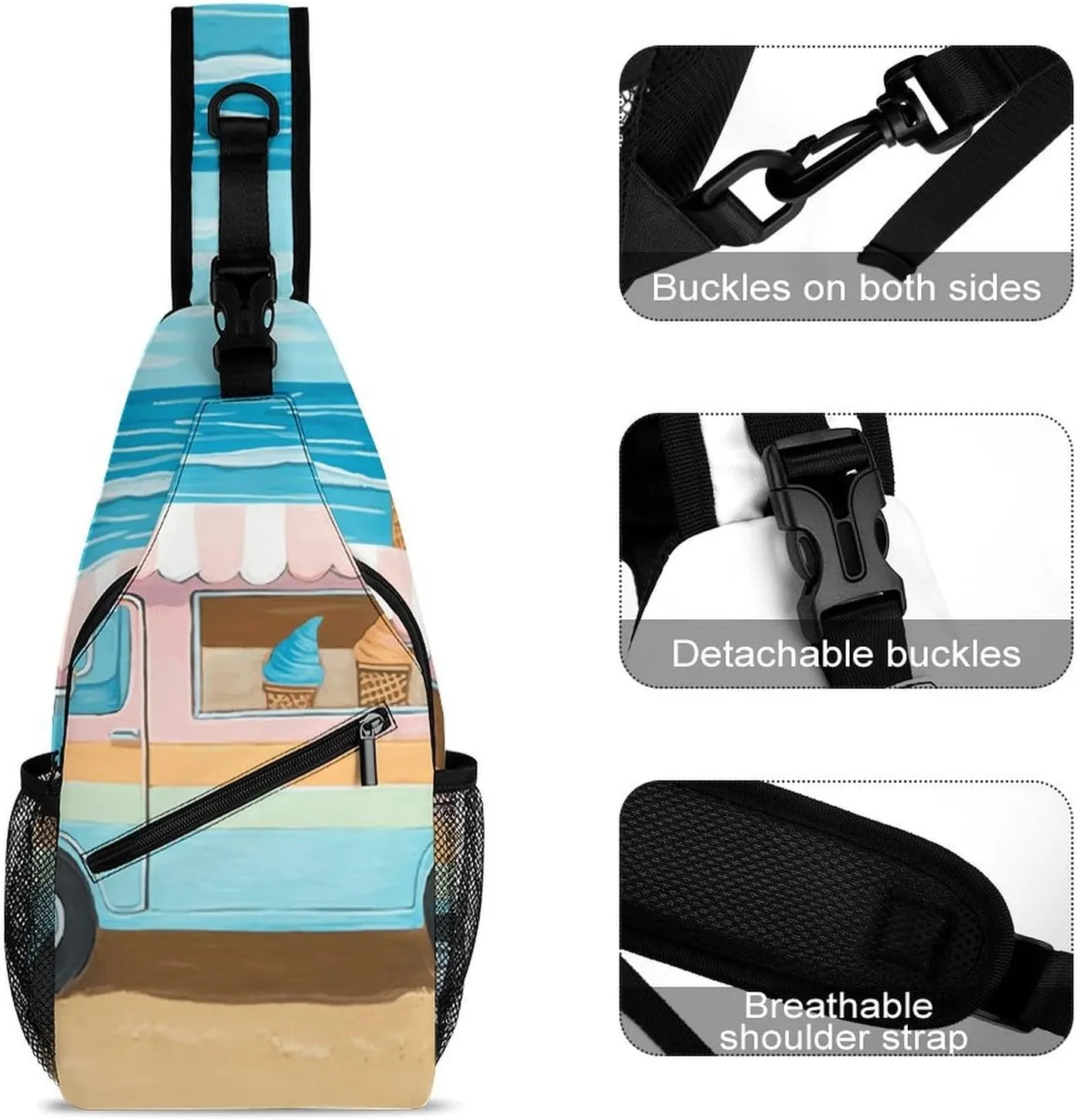 Lightweight Chest Bag Crossbody Bag Summer Beach Ice Cream Truck Sling Backpack for Women Men Sports Travel