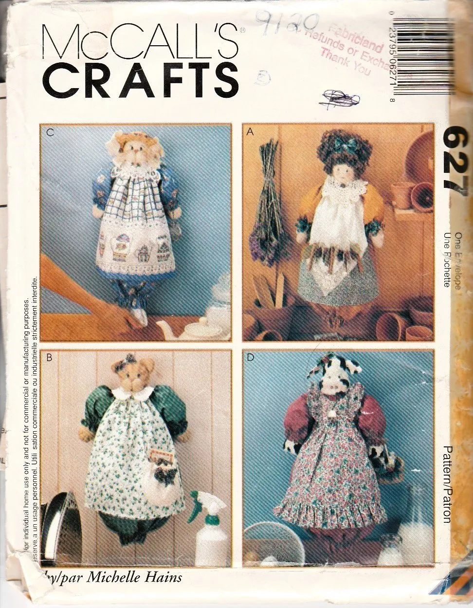 McCall's Crafts 627 / 9120 Grocery Bag Holder Doll Cat Bunny Rabbit Cow Sewing Pattern