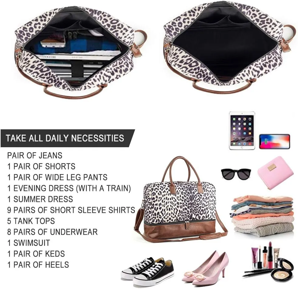 MyMealivos Canvas Weekender Bag, Overnight Travel Carry On Duffel with Shoe Pouch (leopard)