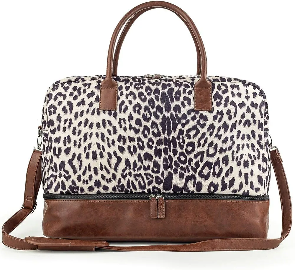 MyMealivos Canvas Weekender Bag, Overnight Travel Carry On Duffel with Shoe Pouch (leopard)