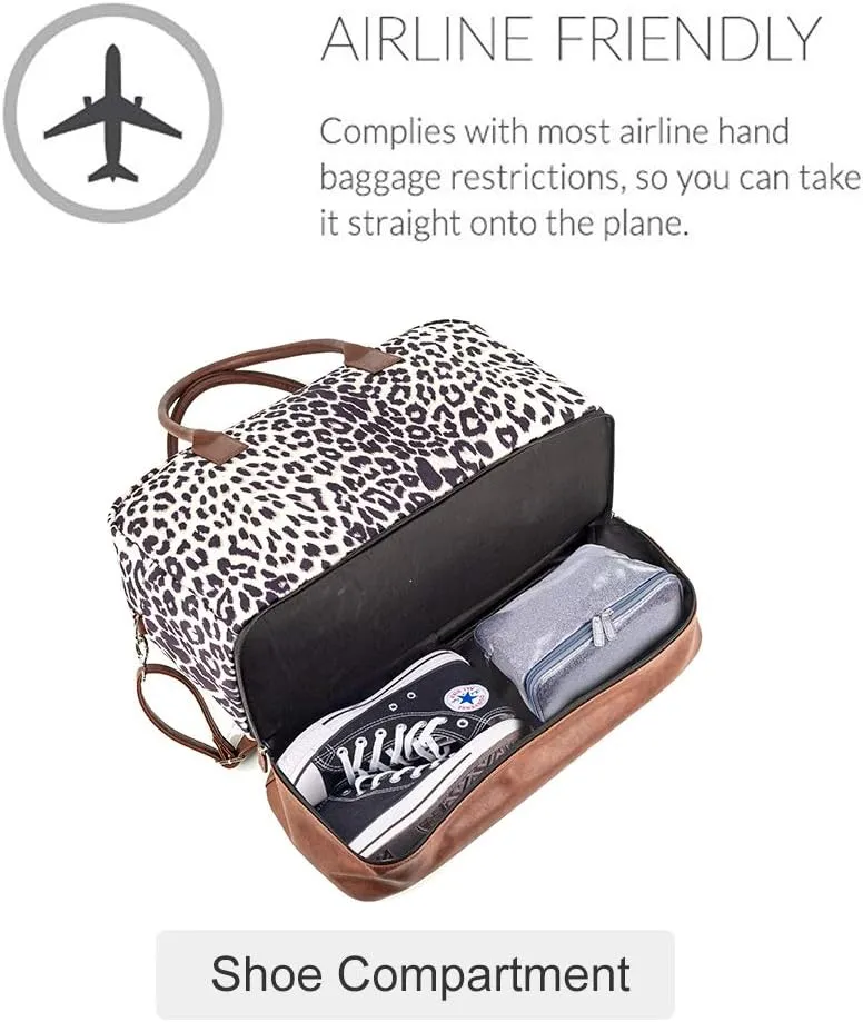 MyMealivos Canvas Weekender Bag, Overnight Travel Carry On Duffel with Shoe Pouch (leopard)