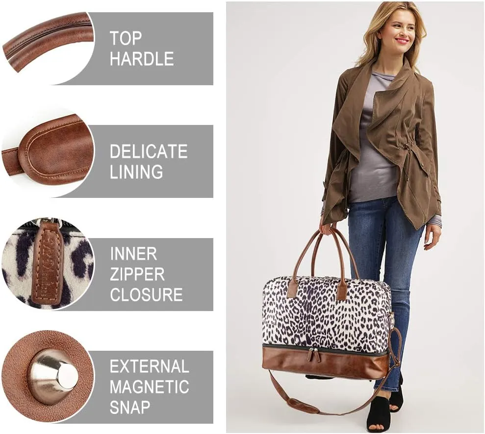 MyMealivos Canvas Weekender Bag, Overnight Travel Carry On Duffel with Shoe Pouch (leopard)