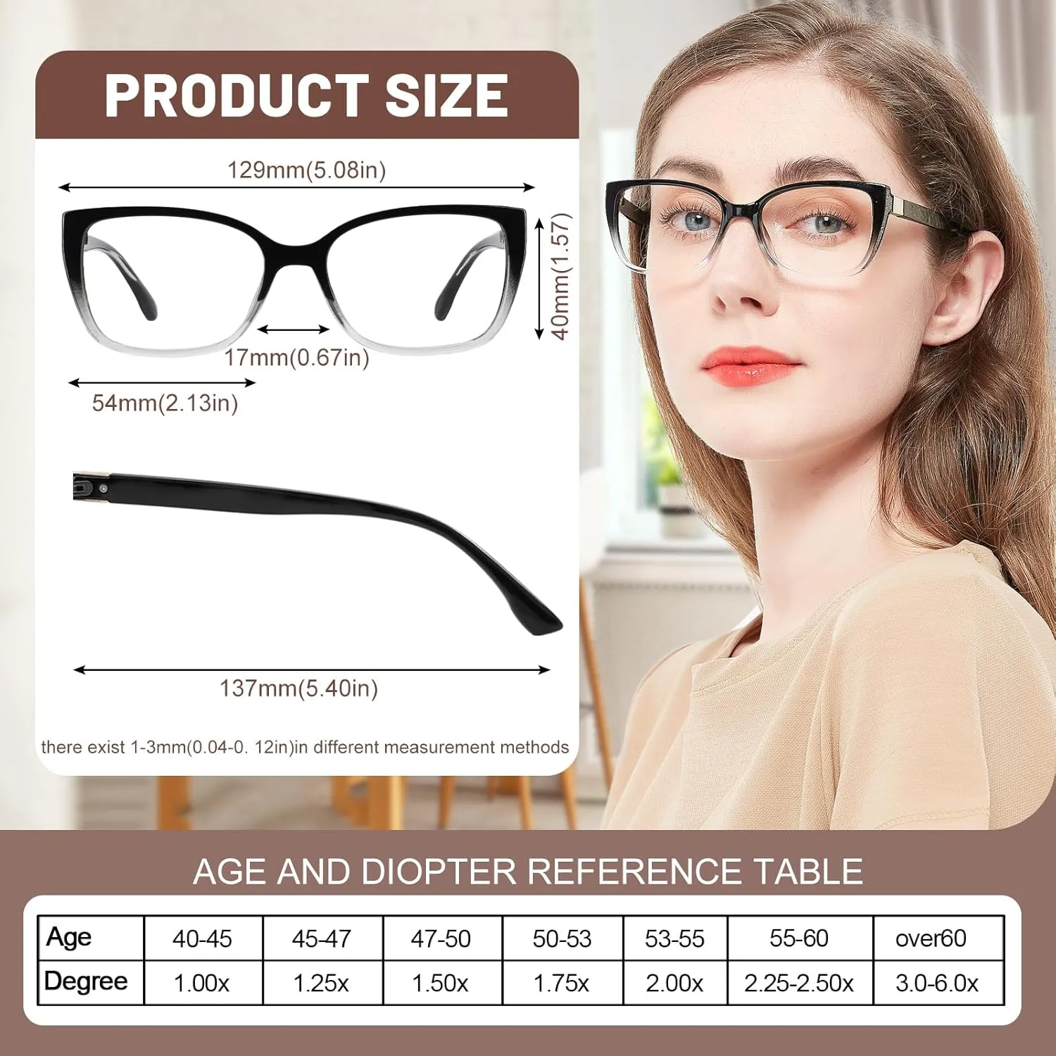 OCCI CHIARI Reading Glasses For Women Wide Square Reader 1.0 1.5 2.0 2.5 3.0 3.5 4.0 5.0 6.0 1.25 1.75 2.25 2.75