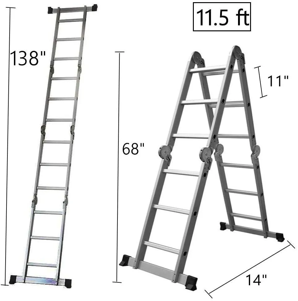 (Out of Stock) 11.5 Feet Folding Multi-Ladder 12 Step Aluminum Extendable Ladder Scaffold Ladders, 330lbs Capacity