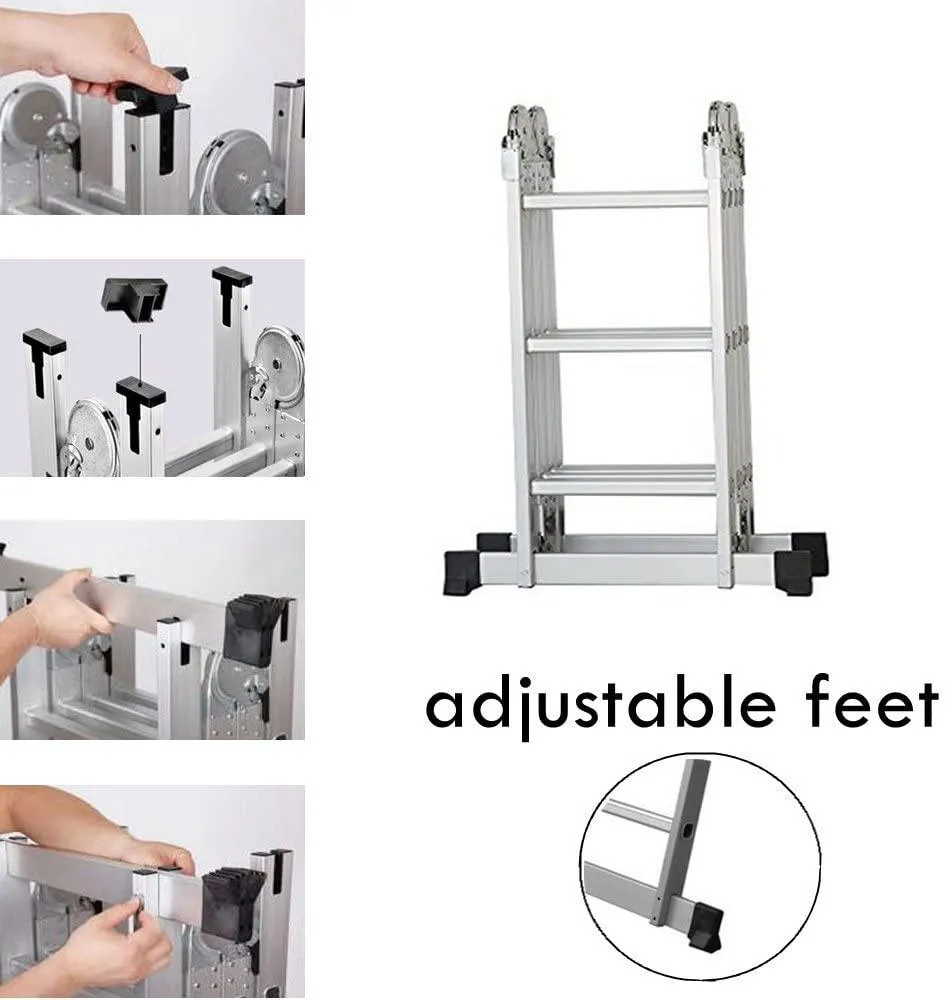 (Out of Stock) 11.5 Feet Folding Multi-Ladder 12 Step Aluminum Extendable Ladder Scaffold Ladders, 330lbs Capacity