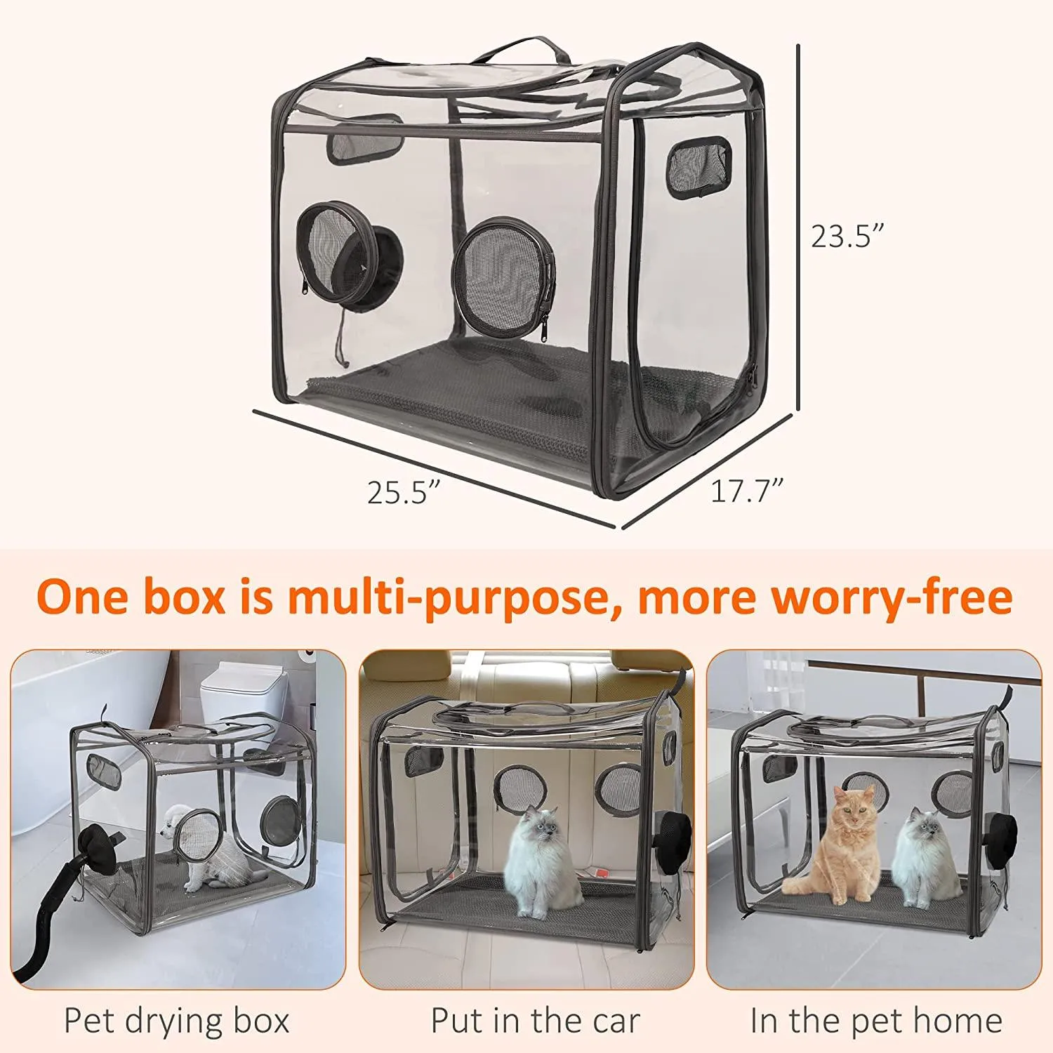 Pet Drying Box, Portable Cat Dryer Box, Foldable Pet Dryer Cage with Transparent PVC Material, Hands-Free, Dog Hair Drying Box