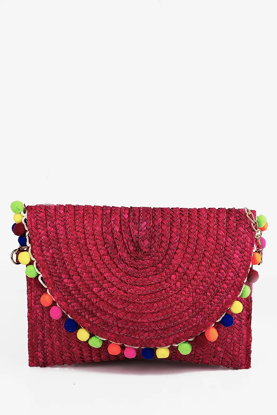 Pom-Pom Straw Envelope Clutch - Red