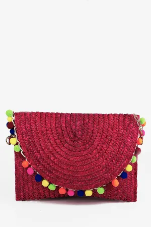 Pom-Pom Straw Envelope Clutch - Red