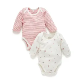 Purebaby Easy Neck Long Sleeve Bodysuit Twin Pack - Vanilla Blossom