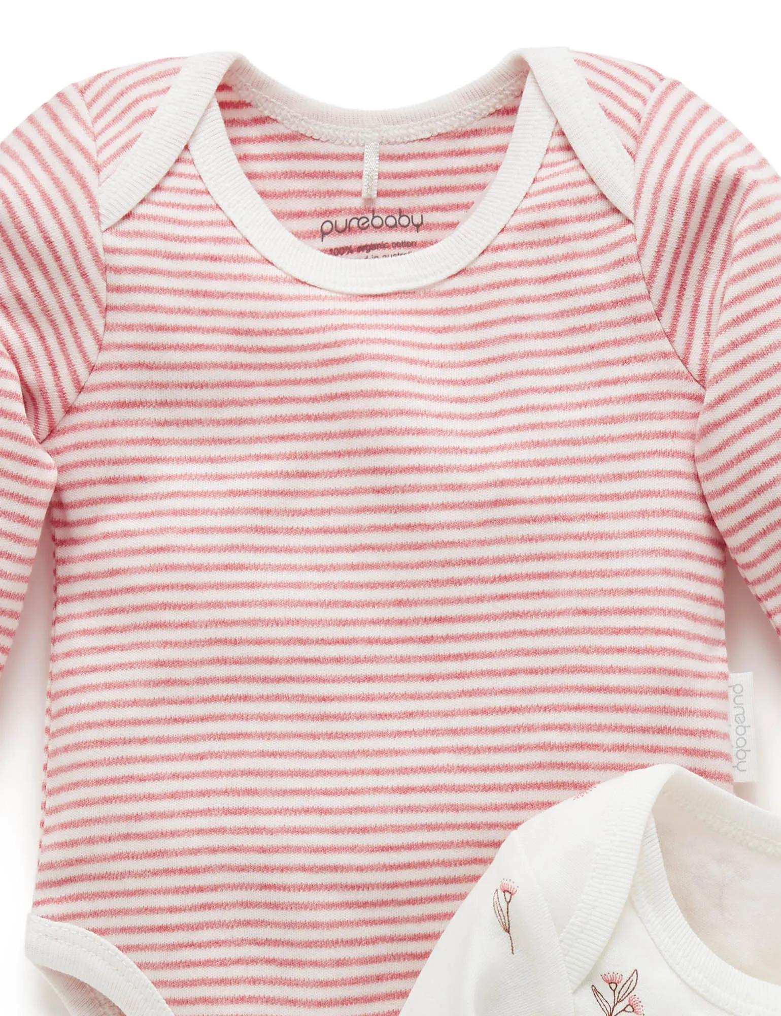 Purebaby Easy Neck Long Sleeve Bodysuit Twin Pack - Vanilla Blossom