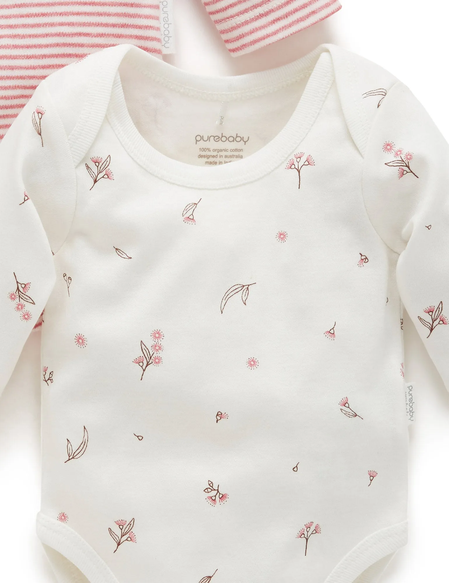 Purebaby Easy Neck Long Sleeve Bodysuit Twin Pack - Vanilla Blossom